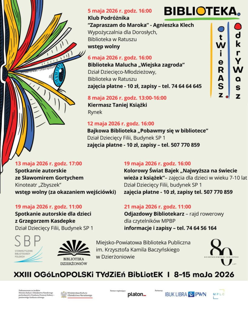 plakat z wydarzeniami zaplanowanymi w ramach obchodów Tygodnia Bibliotek